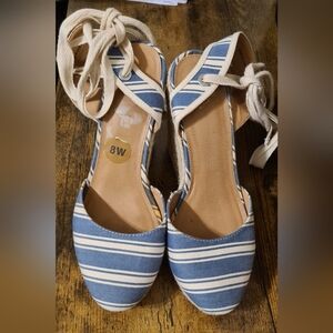 Striped Blue Espadrille Wedge Sandals